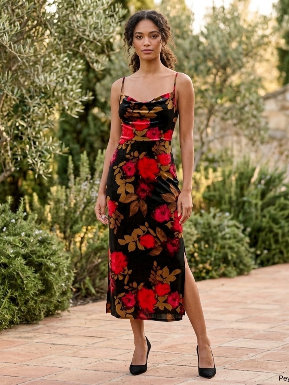 TaylorVelvet Drape Neck Slip Midi Dress Black Red Dark Floral Whimsigoth Sz 6